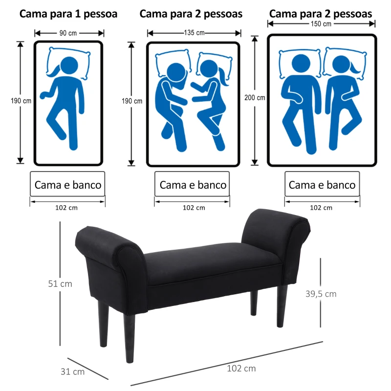 HOMCOM Banco de Pé de Cama Banco com Braços Curvados Estofado e Pés de Madeira Carga Máxima 130kg 102x31x51cm Preto