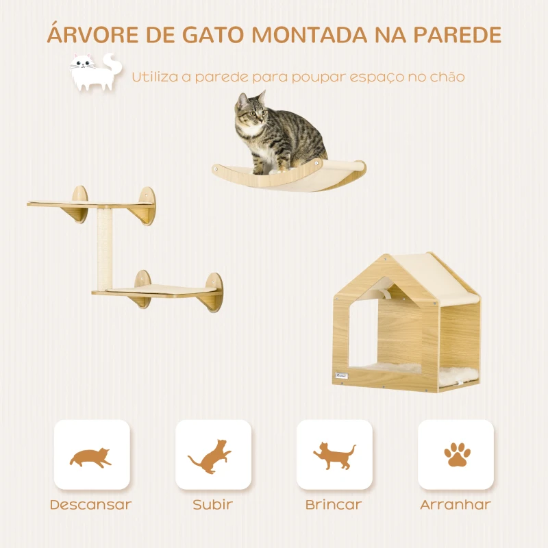 PawHut Prateleiras de Parede para Gatos 3 Peças com Caverna Rede Plataforma e Poste de Sisal Carvalho