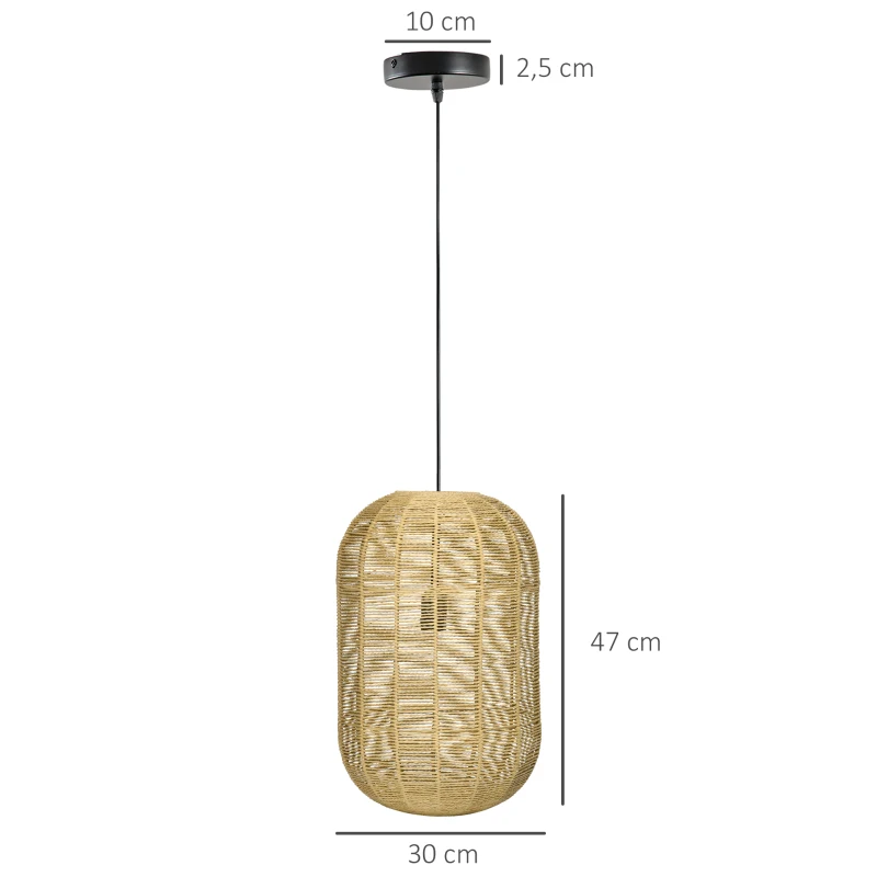 HOMCOM Candeeiro Suspenso de Corda de Papel Candeeiro de Teto com Corda Ajustável Ø30x47cm Natural e Preto