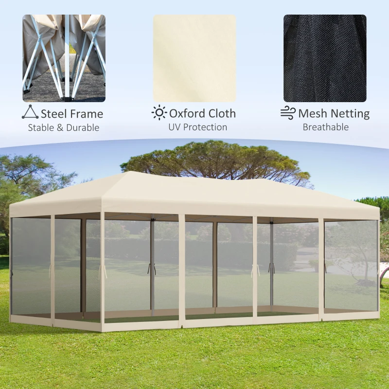 Outsunny 3 x 6 m Pop Up Gazebo with Mesh Sidewalls and Storage Bag, Party Tent Canopy Marquee for Garden, Patio - Beige