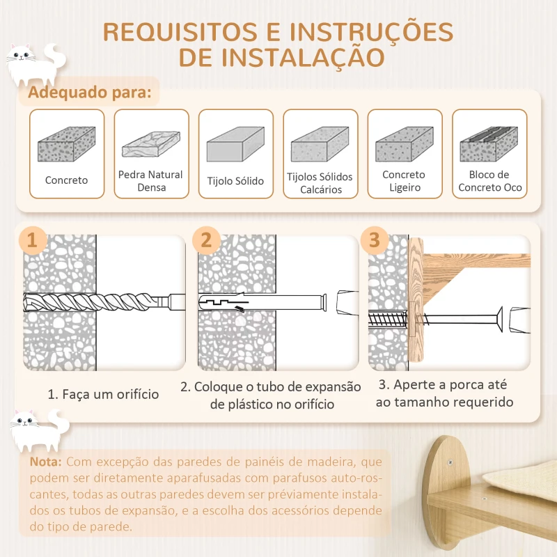 PawHut Prateleiras de Parede para Gatos 3 Peças com Caverna Rede Plataforma e Poste de Sisal Carvalho