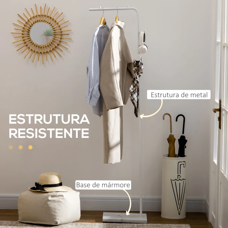 HOMCOM Cabide de Pé Elegante com 2 Ganchos Redondos Suspensos e Base de Mármore 35x25x170cm Branco
