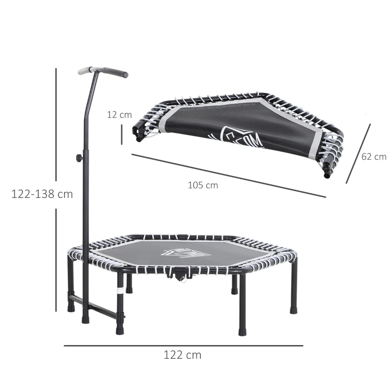 HOMCOM Trampoline de Fitness / Gymnastique Pliable haute performance Ø 122 cm élastiques Bungee + guidon hauteur réglable 122-138 cm gris noir
