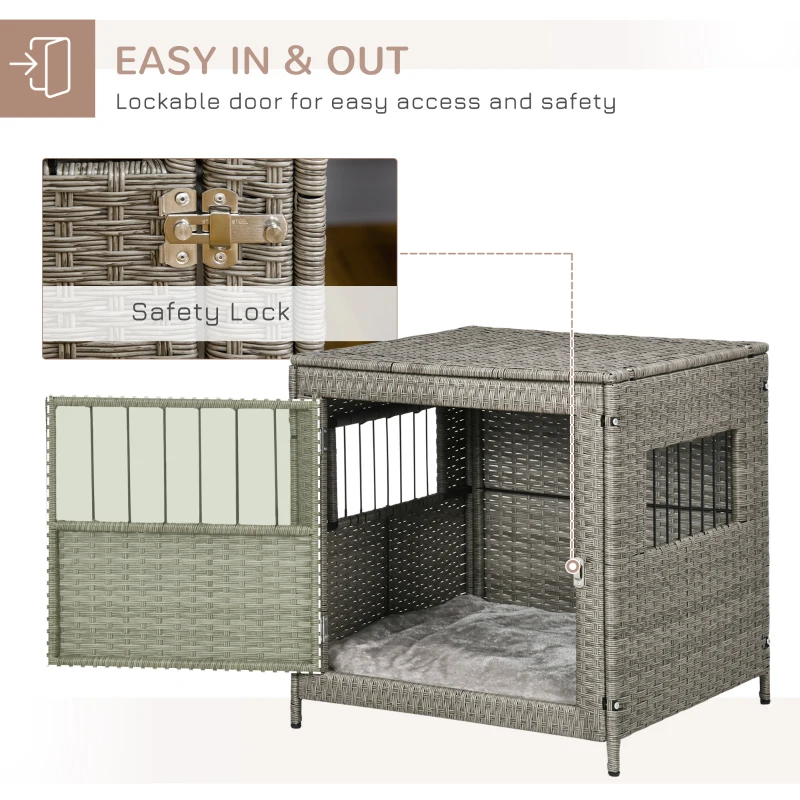 PawHut Wicker Dog Cage, with Lockable Door, Washable Cushion, for Small Dogs - Grey