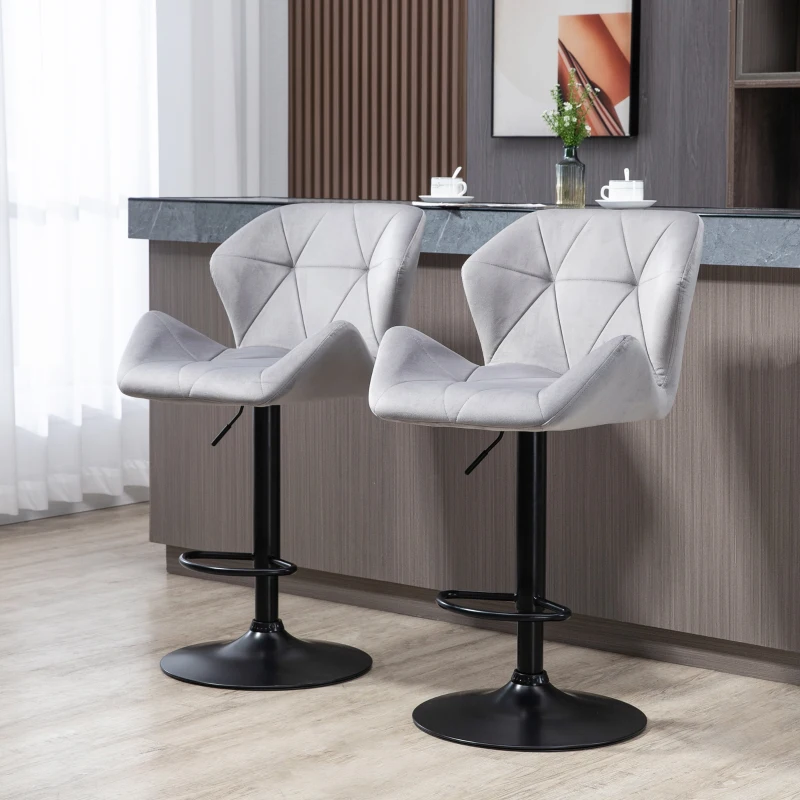 HOMCOM Bar Stools Set Of 2, Luxurious Velvet-Touch Barstools with Metal Frame Footrest Round Base Triangle Indenting Moulded Seat Adjustable Height Swivel Grey
