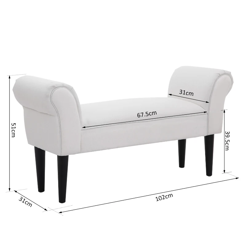 HOMCOM Banco de Pé de Cama Banco com Braços Curvados Estofado e Pés de Madeira Carga Máxima 130kg 102x31x51cm Branco