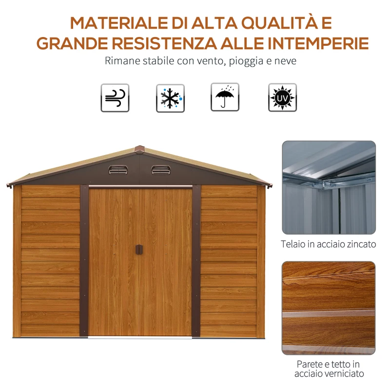 Outsunny Casetta da Giardino Porta Attrezzi in Acciaio con Porte Scorrevoli, 278x195x215cm, Marrone