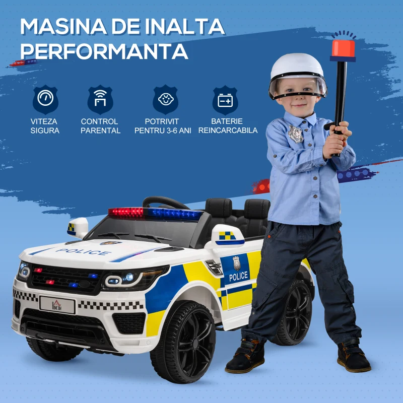 HOMCOM Masina de Politie pentru Copii Baterie 12V Telecomanda Sirena Lumini(m-7)