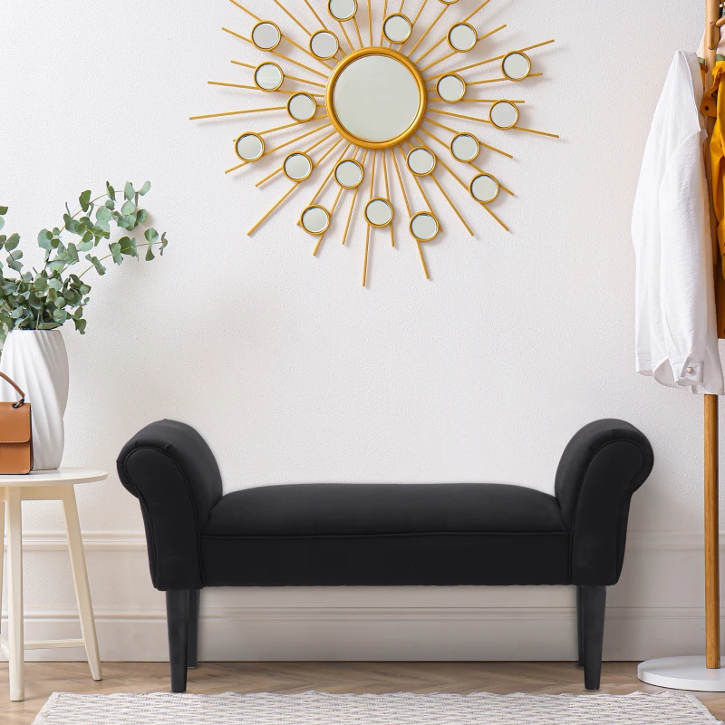 HOMCOM Banco de Pé de Cama Banco com Braços Curvados Estofado e Pés de Madeira Carga Máxima 130kg 102x31x51cm Preto