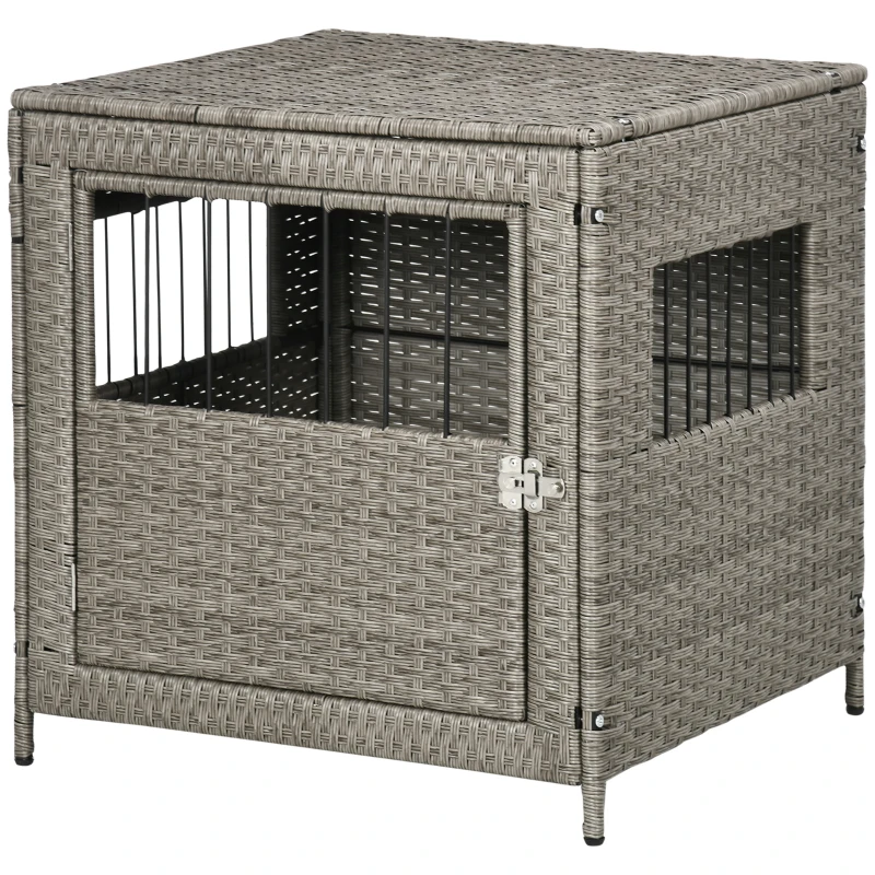 PawHut Wicker Dog Cage, with Lockable Door, Washable Cushion, for Small Dogs - Grey