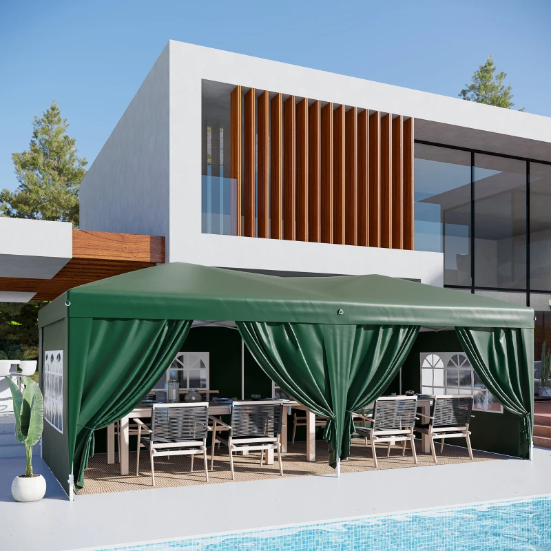 Outsunny 3 x 6 m Pop Up Gazebo with Sides and Windows, Height Adjustable Wedding Camping Party Tent Canopy Marquee with Storage Bag for Garden, Event, Green