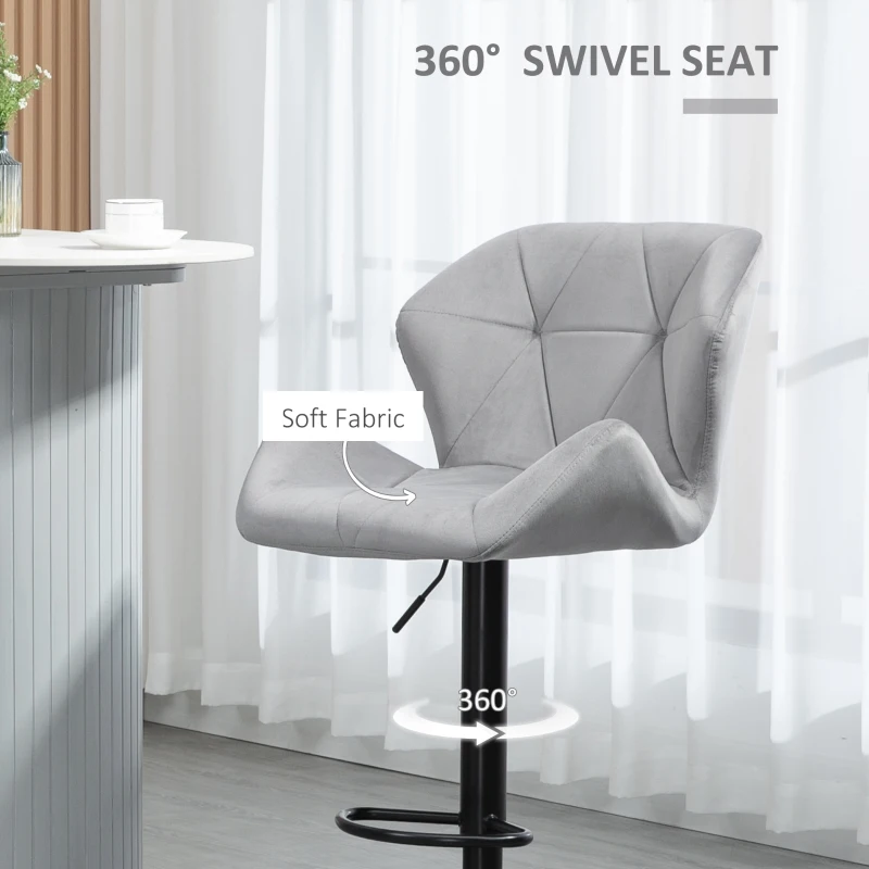 HOMCOM Bar Stools Set Of 2, Luxurious Velvet-Touch Barstools with Metal Frame Footrest Round Base Triangle Indenting Moulded Seat Adjustable Height Swivel Grey