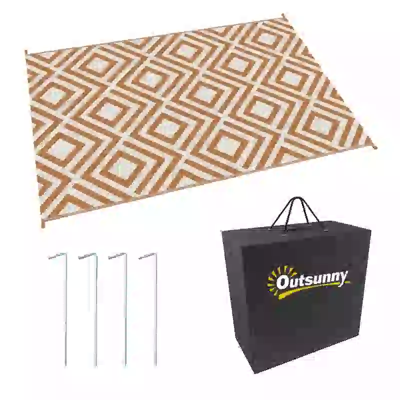 Outsunny Reversible Outdoor Rug, Plastic Straw Mat w/ Carry Bag Ground Stakes for Garden RV Picnic Beach Camping 182x274cm Brown