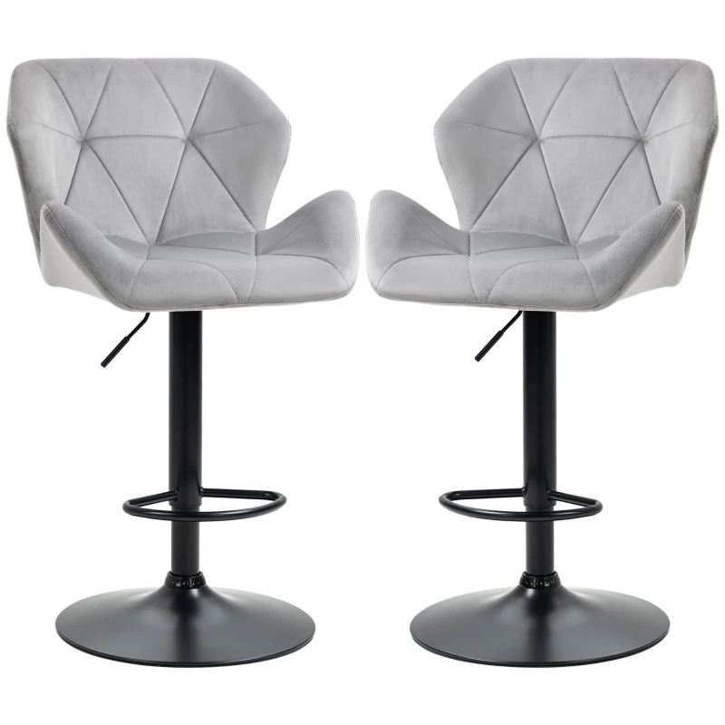 HOMCOM Bar Stools Set Of 2, Luxurious Velvet-Touch Barstools with Metal Frame Footrest Round Base Triangle Indenting Moulded Seat Adjustable Height Swivel Grey
