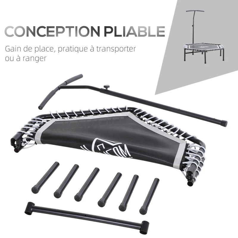 HOMCOM Trampoline de Fitness / Gymnastique Pliable haute performance Ø 122 cm élastiques Bungee + guidon hauteur réglable 122-138 cm gris noir
