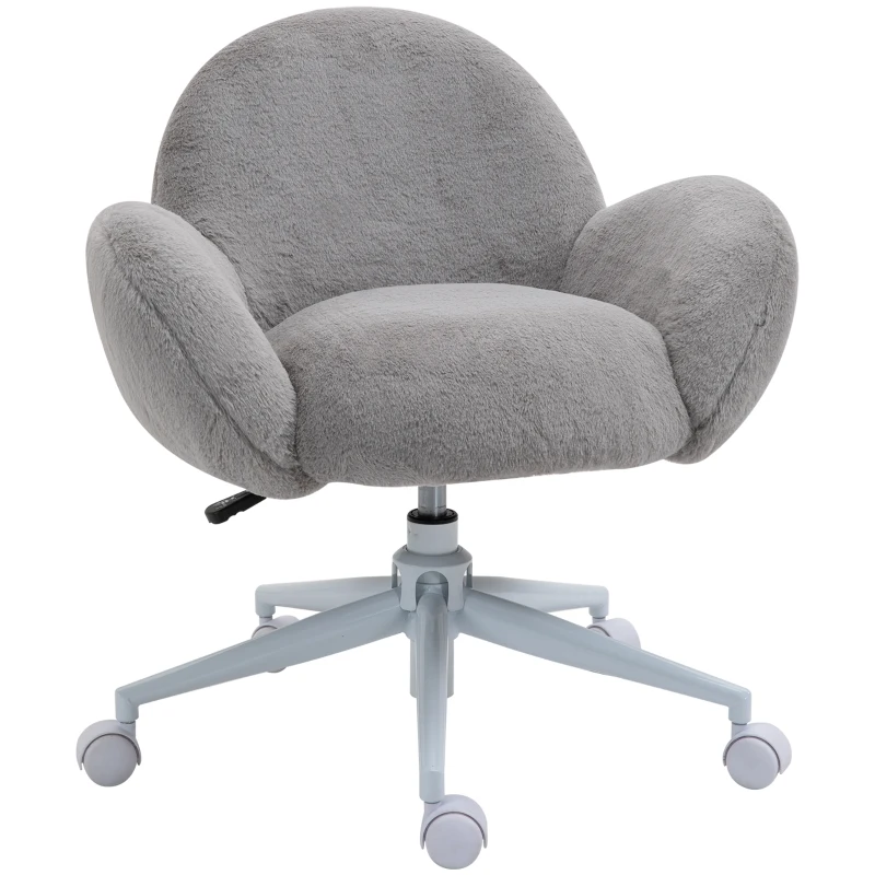 HOMCOM Makeup Vanity Chair, Cute Fluffy Desk Chair with Rolling Wheels for Bedroom Living Room, Grey