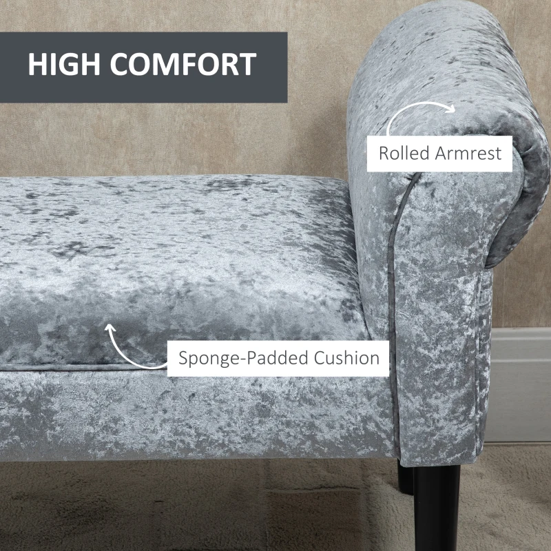 HOMCOM Ice Crush Velvet Fabric Upholstered Bed End Bench Padded Sponge Cushion with Armrests Rubber Wood - Silver-Tone and Grey
