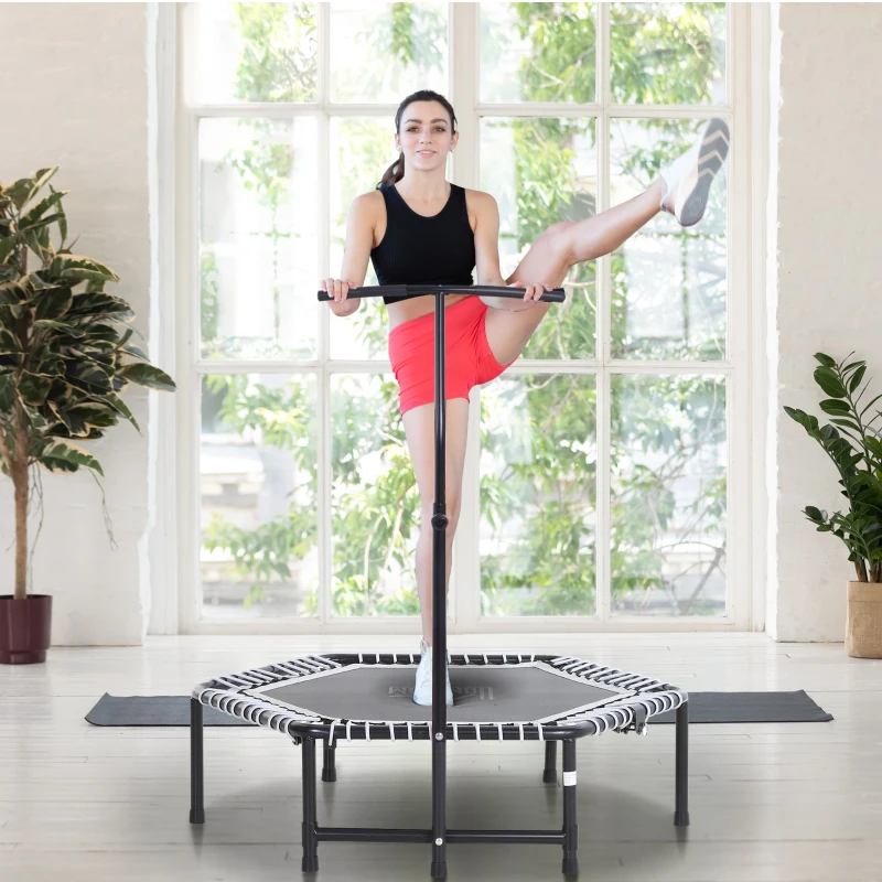 HOMCOM Trampoline de Fitness / Gymnastique Pliable haute performance Ø 122 cm élastiques Bungee + guidon hauteur réglable 122-138 cm gris noir