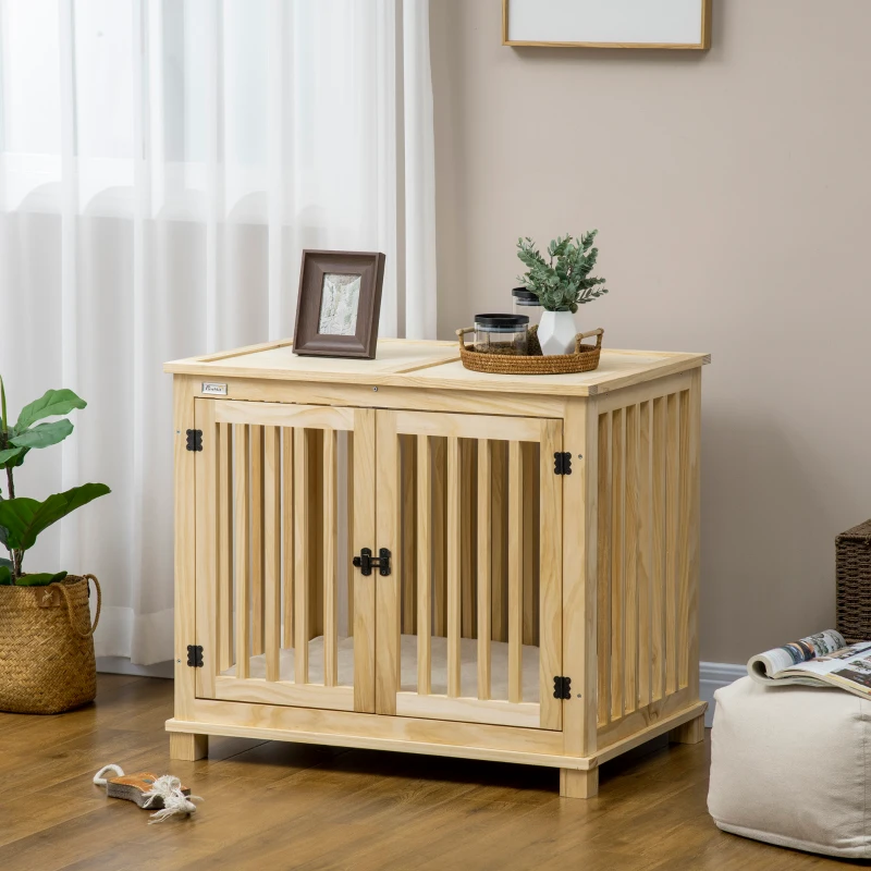 PawHut Wooden Dog Crate, with Double Doors, Cushion, for Medium Dogs - Natural Finish