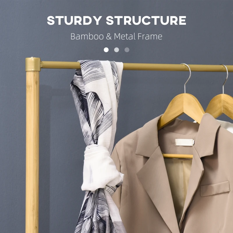 HOMCOM Clothes Rail, Bamboo Coat Stand, Garment Rack with Open Shelves and Fabric Storage Box for Bedroom, Hallway, Natural