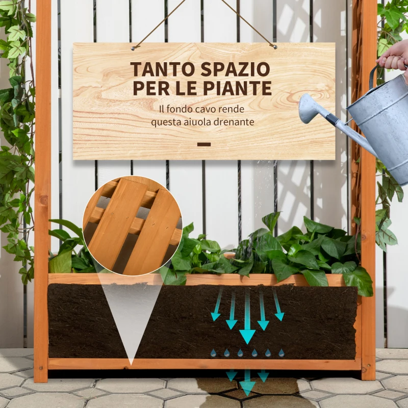 Outsunny Fioriera da Esterno a Fondo Cavo in Abete Marrone con Arco Decorativo e Grate per Rampicanti, 83x36x152 cm