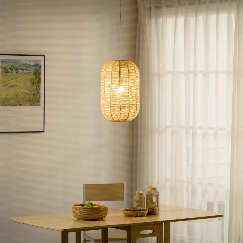 HOMCOM Candeeiro Suspenso de Corda de Papel Candeeiro de Teto com Corda Ajustável Ø30x47cm Natural e Preto