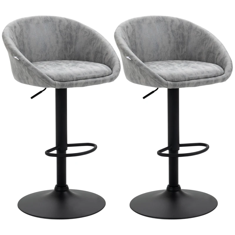 HOMCOM Modern Bar Stools Set of 2, Height Adjustable Swivel Barstools, PU Leather Upholstered Bar Chair with Backrest, Armrests and Footrest for Breakfast Bar, Counter, Kitchen, Light Grey