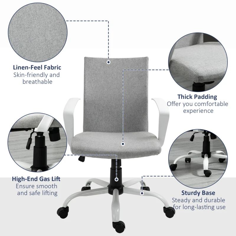 Vinsetto Office Chair Linen Swivel Computer Desk Chair for Home Study - Task Chair with Wheels, Arm, Adjustable Height, Light Grey