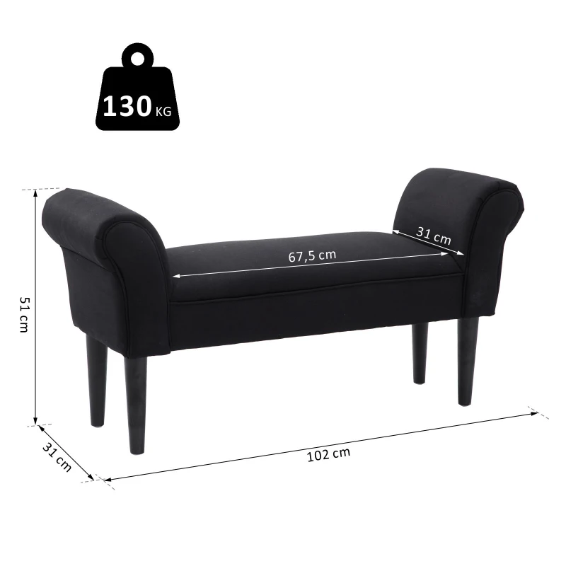 HOMCOM Banco de Pé de Cama Banco com Braços Curvados Estofado e Pés de Madeira Carga Máxima 130kg 102x31x51cm Preto