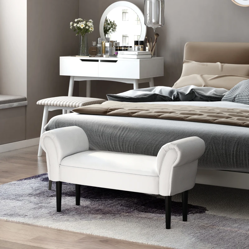HOMCOM Banco de Pé de Cama Banco com Braços Curvados Estofado e Pés de Madeira Carga Máxima 130kg 102x31x51cm Branco