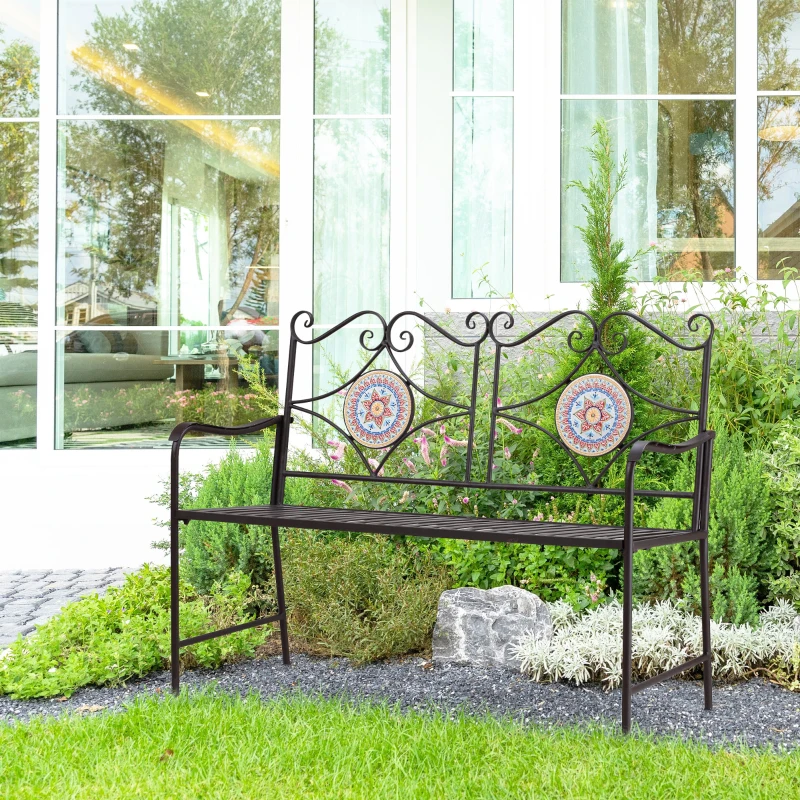 Outsunny Tuinbank in Vintage Design, 2-Zitter, weerbestendig, met mozaïekstenen, 121 cm x 52 cm x 93 cm, Meerkleurig