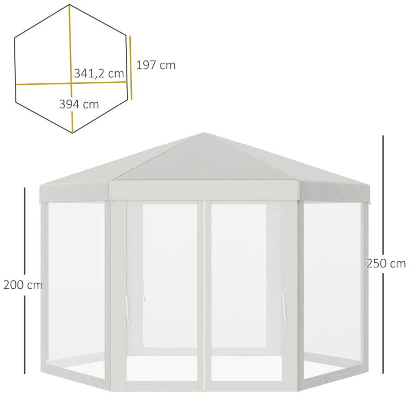 Outsunny 4M Hexagon Gazebo, Netting Party Tent Patio Canopy Outdoor Event Shelter for Activities, Shade Resistant, Cream White