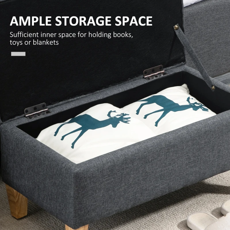 HOMCOM 30L Linen Storage Ottoman Padded Footstool with Rubberwood Legs for Storage Box, Bed End, Shoe Bench, Seating, Dark Grey