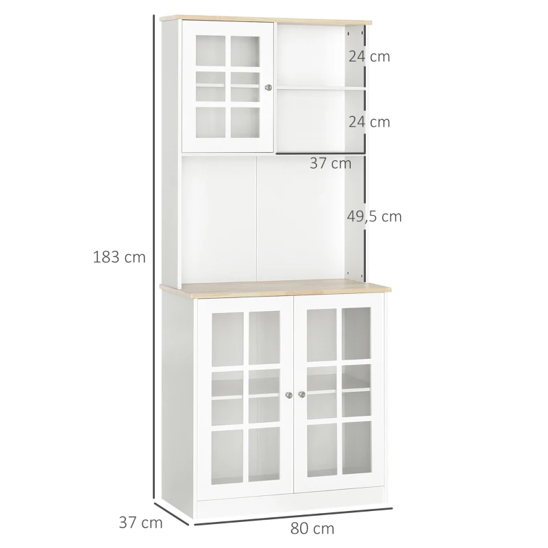 HOMCOM Freestanding Kitchen Cupboard, Storage Cabinet with Doors and Adjustable Shelves, Counter Top, Grid Glass Doors, 80L x 37W x 183H cm - White