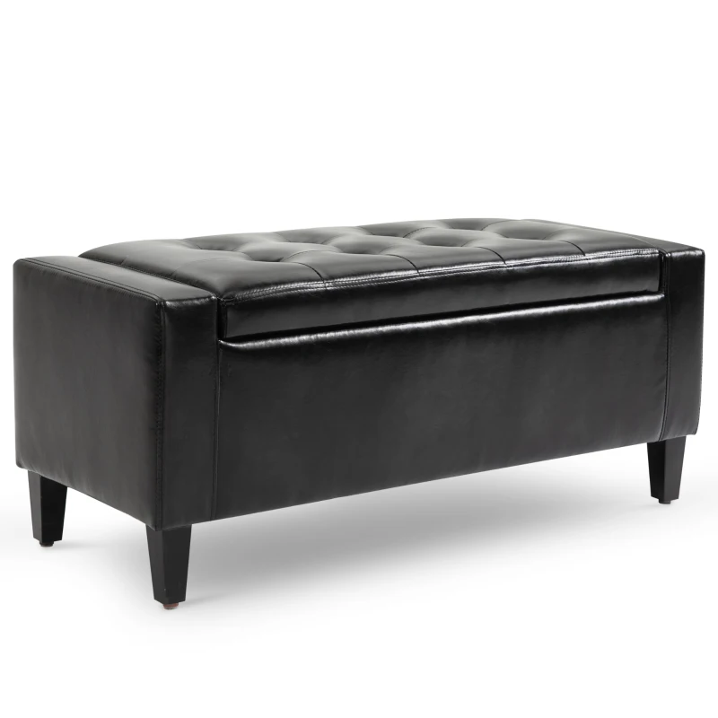 HOMCOM PU Leather Storage Ottoman Bench Storage Chest Tufted Ottoman Cube w/ Flipping Top 92L x 40W x 40H cm Black