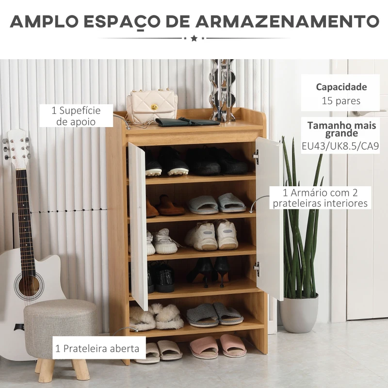 HOMCOM Sapateira Moderna com 2 Portas 5 Prateleiras de Armazenamento para 15 Pares de Sapatos 60x32x100cm Madeira e Branco