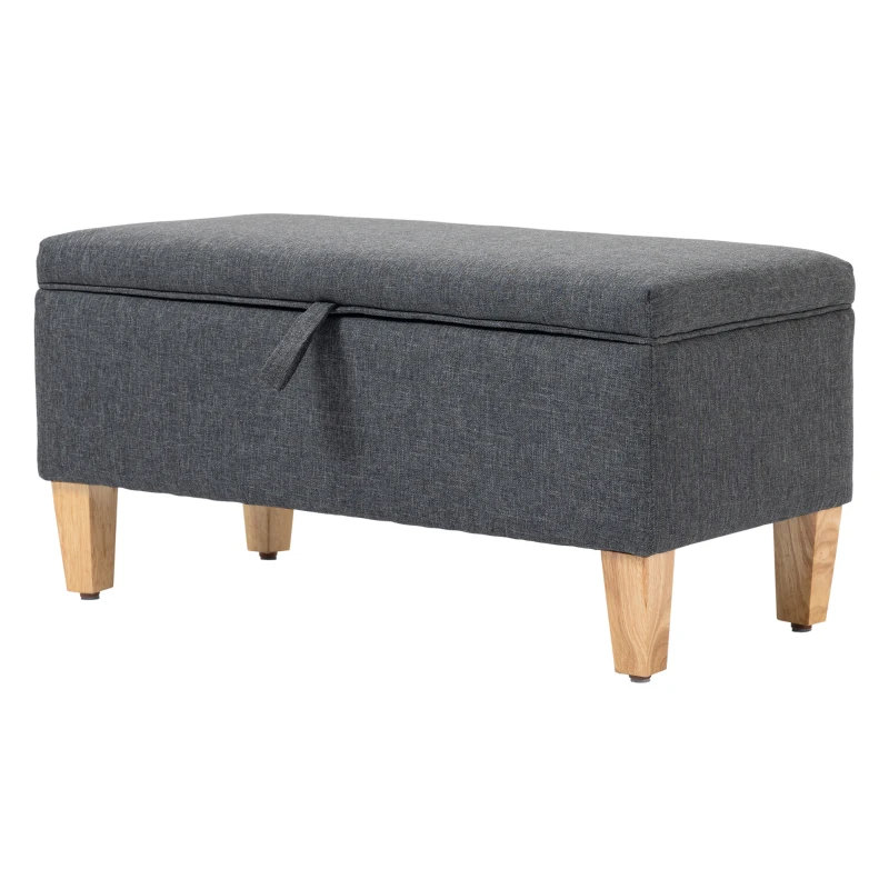 HOMCOM 30L Linen Storage Ottoman Padded Footstool with Rubberwood Legs for Storage Box, Bed End, Shoe Bench, Seating, Dark Grey