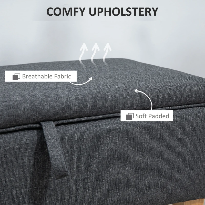HOMCOM 30L Linen Storage Ottoman Padded Footstool with Rubberwood Legs for Storage Box, Bed End, Shoe Bench, Seating, Dark Grey