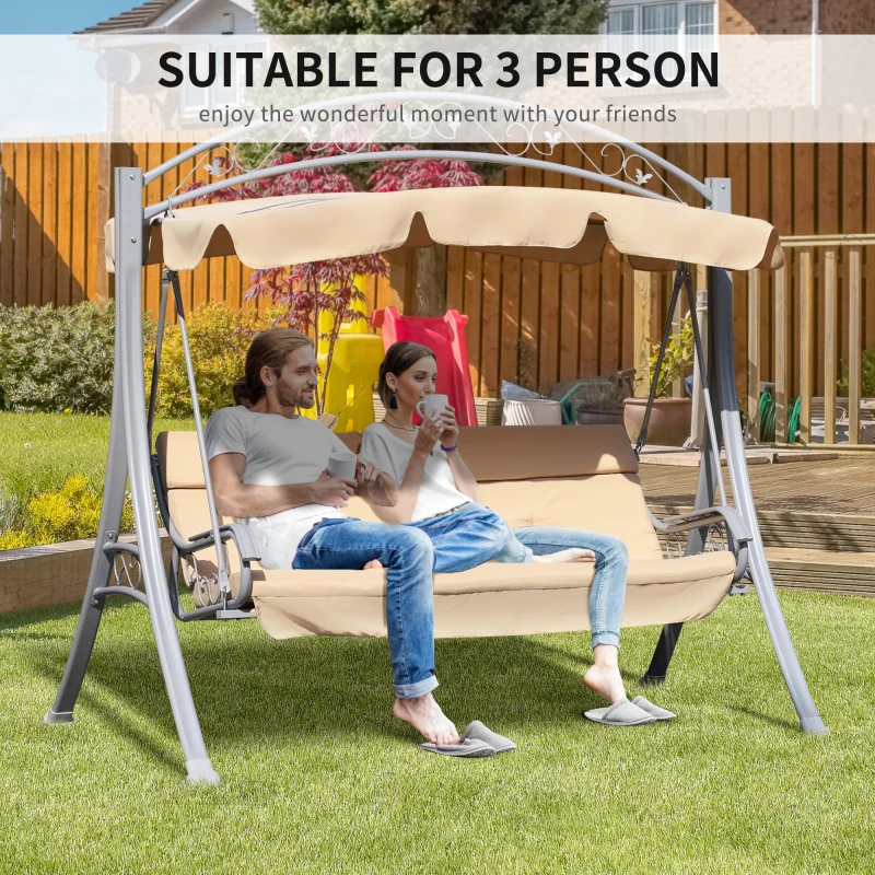 Outsunny Steel 3 Seater Swing Chair Patio Lounger Canopy Shelter Cushioned Seat Heavy Duty - Beige