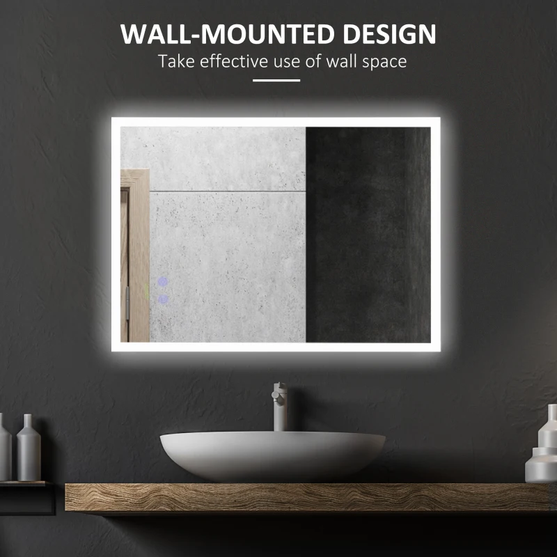 Kleankin Oglinda de baie cu LED 70x50 cm, oglinda de cosmetica cu iluminare pentru perete, cu 3 lumini reglabile, plug-in, argintiu