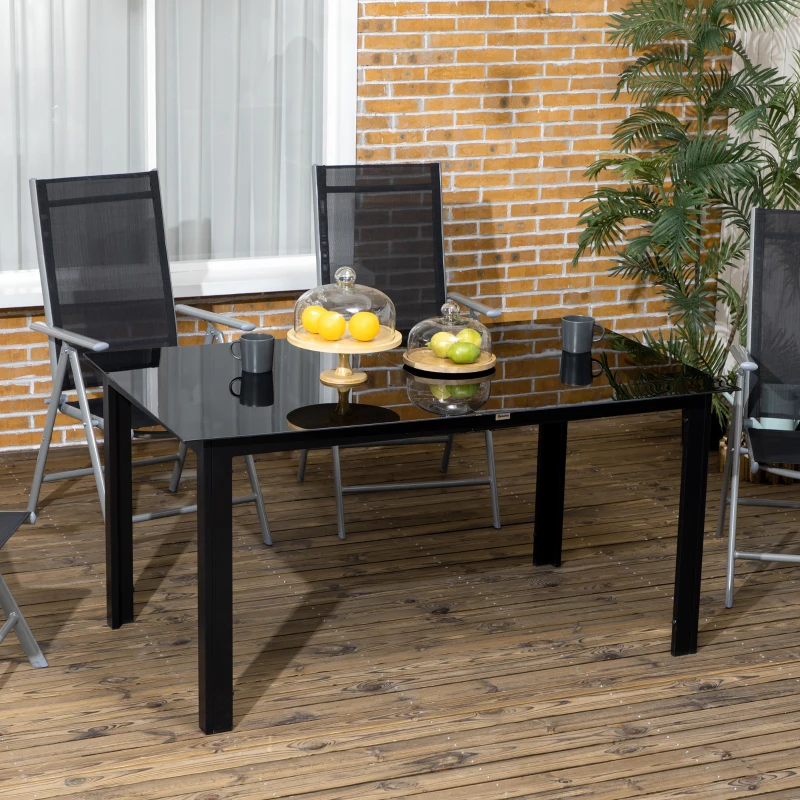 Tuintafel Outsunny voor 6 personen, weerbestendig, gehard glas, terrastafel, 150 cm x 90 cm x 74 cm, zwart