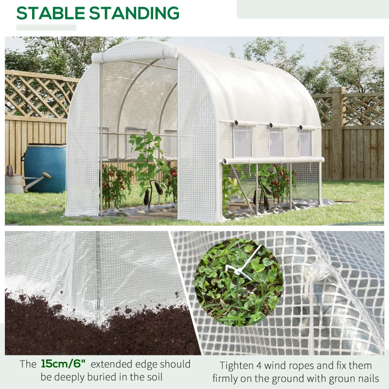 Outsunny Walk-in Polytunnel Greenhouse Green House with Roll-up Sidewalls, UV-resistant PE Cover, 3 x 2 x 2m, White