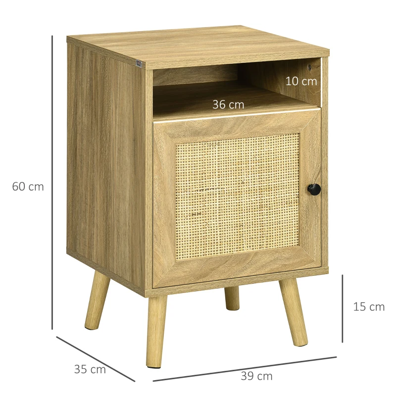HOMCOM Mesa de Cabeceira com Porta de Vime e Compartimento Aberto Mesa Auxiliar para Dormitório Sala de Estar 39x35x60cm Madeira