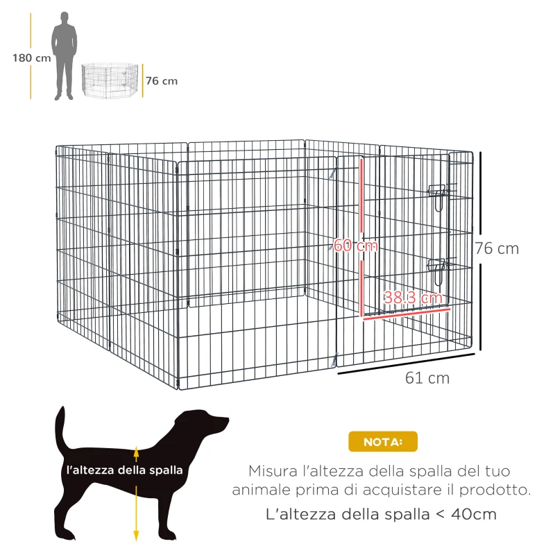 PawHut Recinto per Cani Gatti Cuccioli Roditori Recinzione Rete Gabbia 8 Pezzi 76 x 61cm Nero