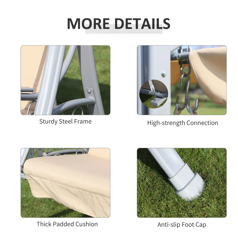 Outsunny Steel 3 Seater Swing Chair Patio Lounger Canopy Shelter Cushioned Seat Heavy Duty - Beige