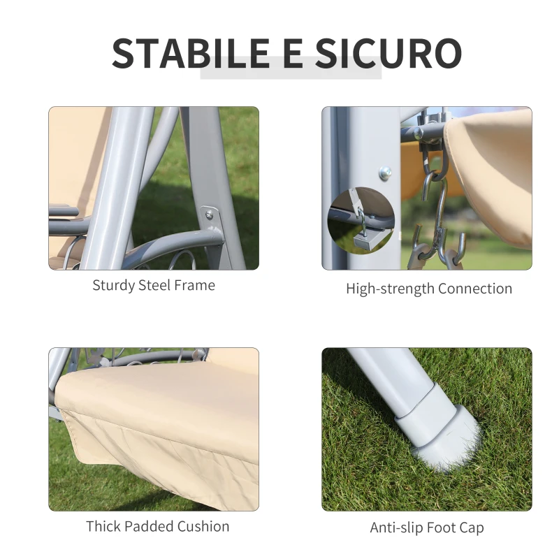 Outsunny Steel 3 Seater Swing Chair Patio Lounger Canopy Shelter Cushioned Seat Heavy Duty - Beige