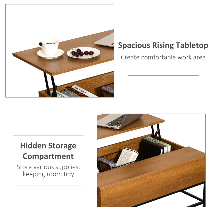 HOMCOM Lift Top Coffee Table with Hidden Storage Compartment Lift Tabletop Dining Table for Living Room, Teak