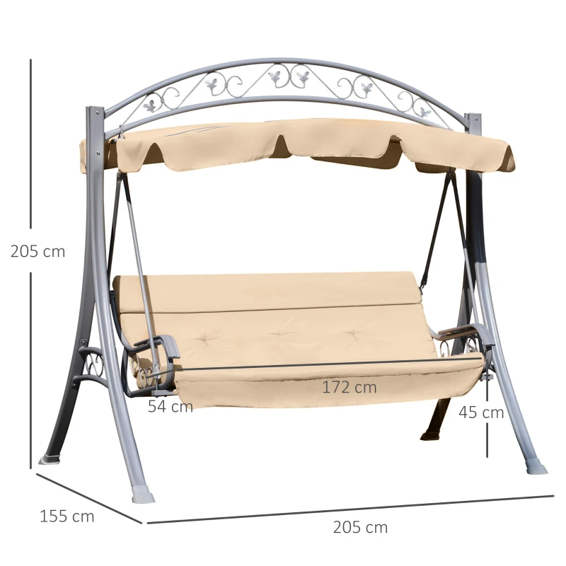 Outsunny Steel 3 Seater Swing Chair Patio Lounger Canopy Shelter Cushioned Seat Heavy Duty - Beige