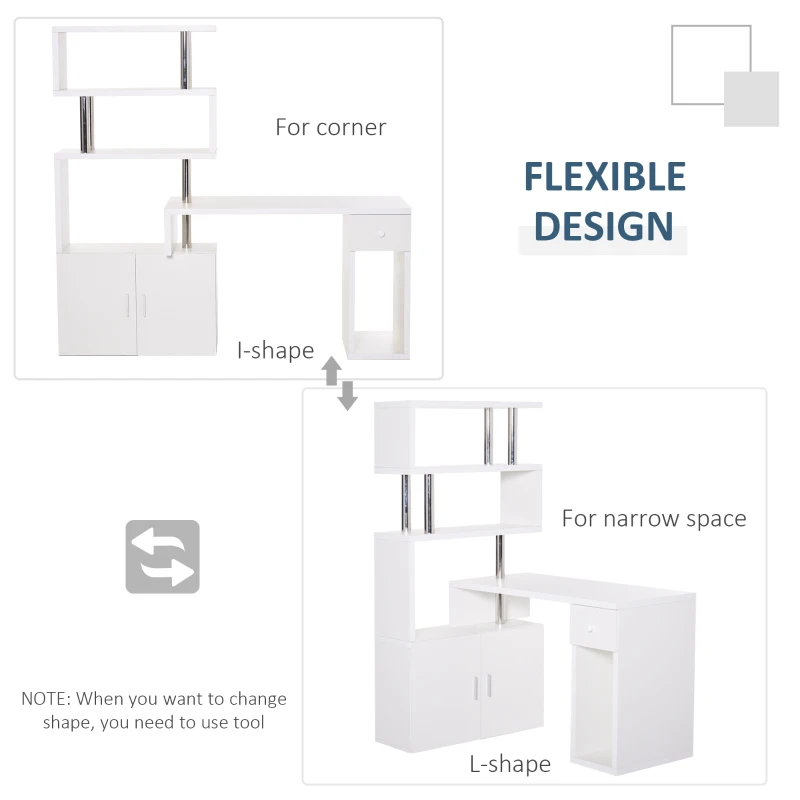 HOMCOM Rotating Corner Table Display Shelf Combo L-Shaped I-Shape Computer Desk Home Office, White