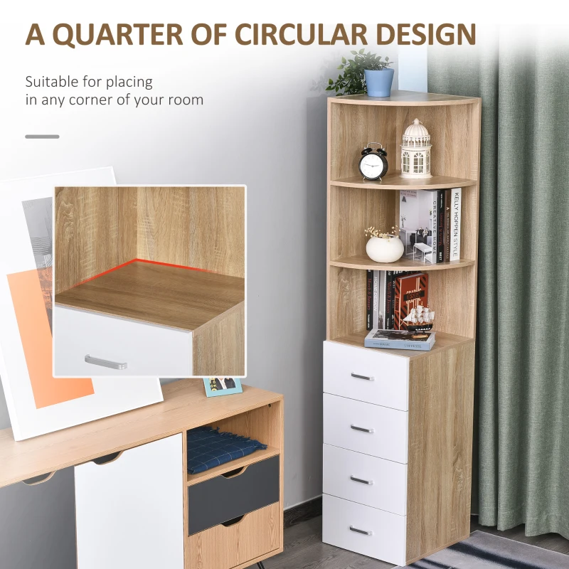 HOMCOM Multi-Layer Modern Corner Bookcase w/ 3 Open Shelf 4 Drawer Floor Standing Home Office Storage Furniture Shelving